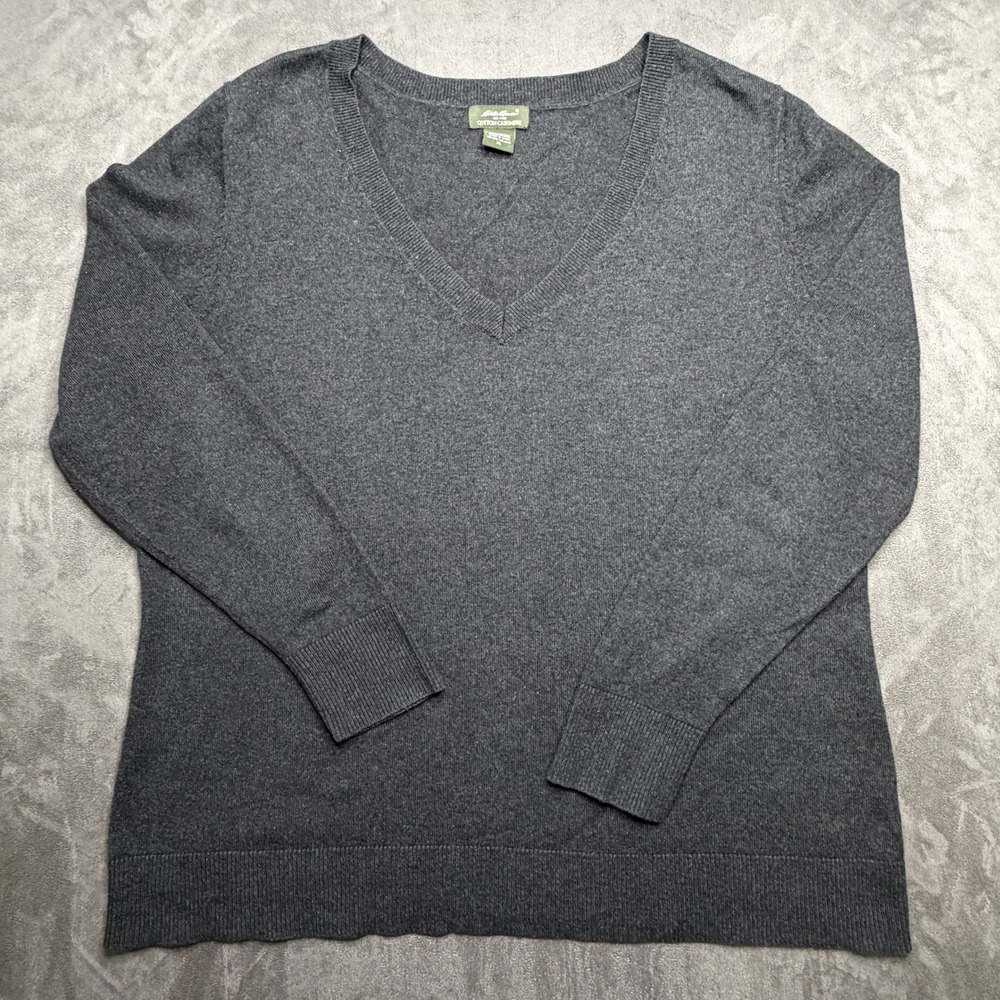Eddie Bauer Sweater Womens XL Gray Deep V Neck Cotton Cashmere Knit Minimalist